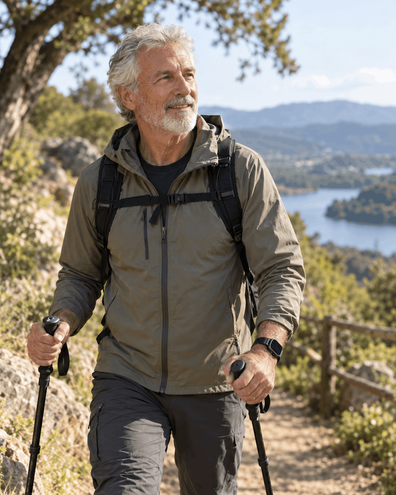 A walker on a hillside path