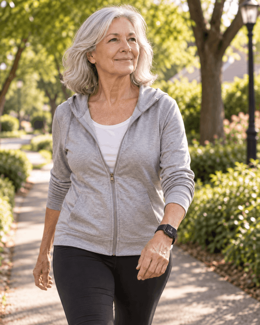Someone walking outdoors wearing the watch