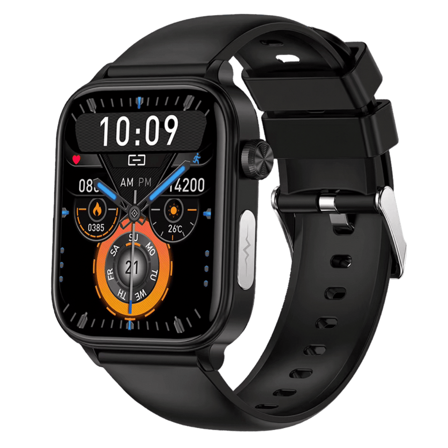 The Safivio smartwatch shown from the front with its wellness dashboard on screen